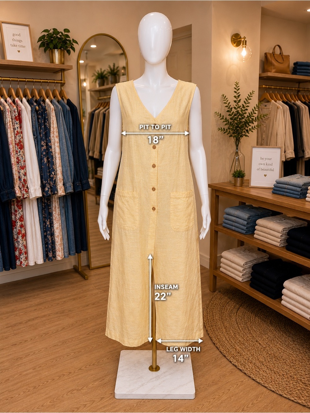 Oversized Sleeveless Yellow Button-Front Linen Jumpsuit Romper